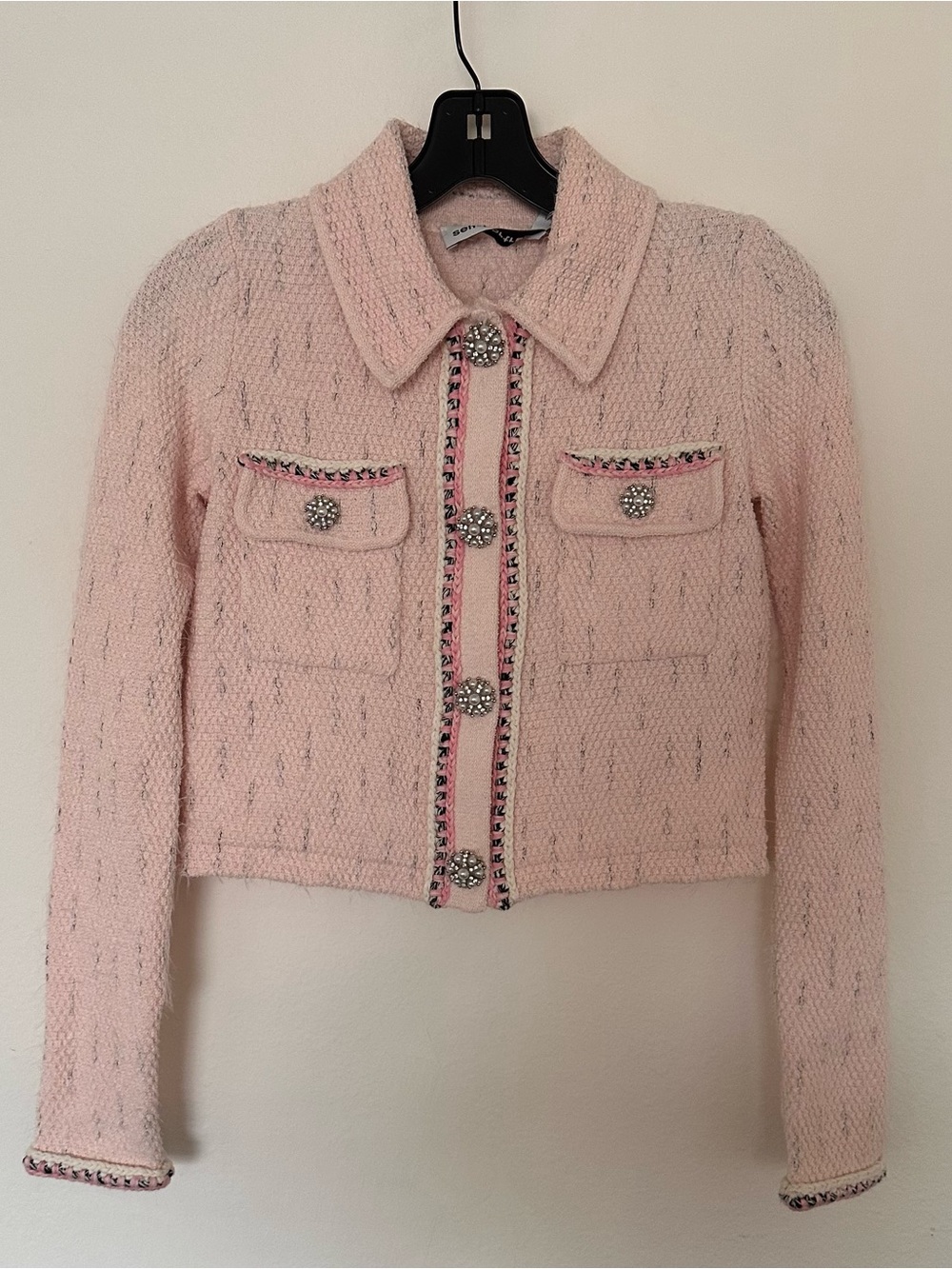 Self-Portrait Blush Pink Bouclé Cropped Jacket with Crystal Buttons